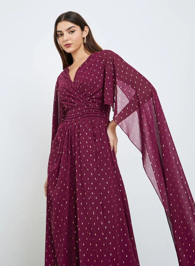 Styli Women Burgundy Foil Print Cape Sleeve Maxi Dress